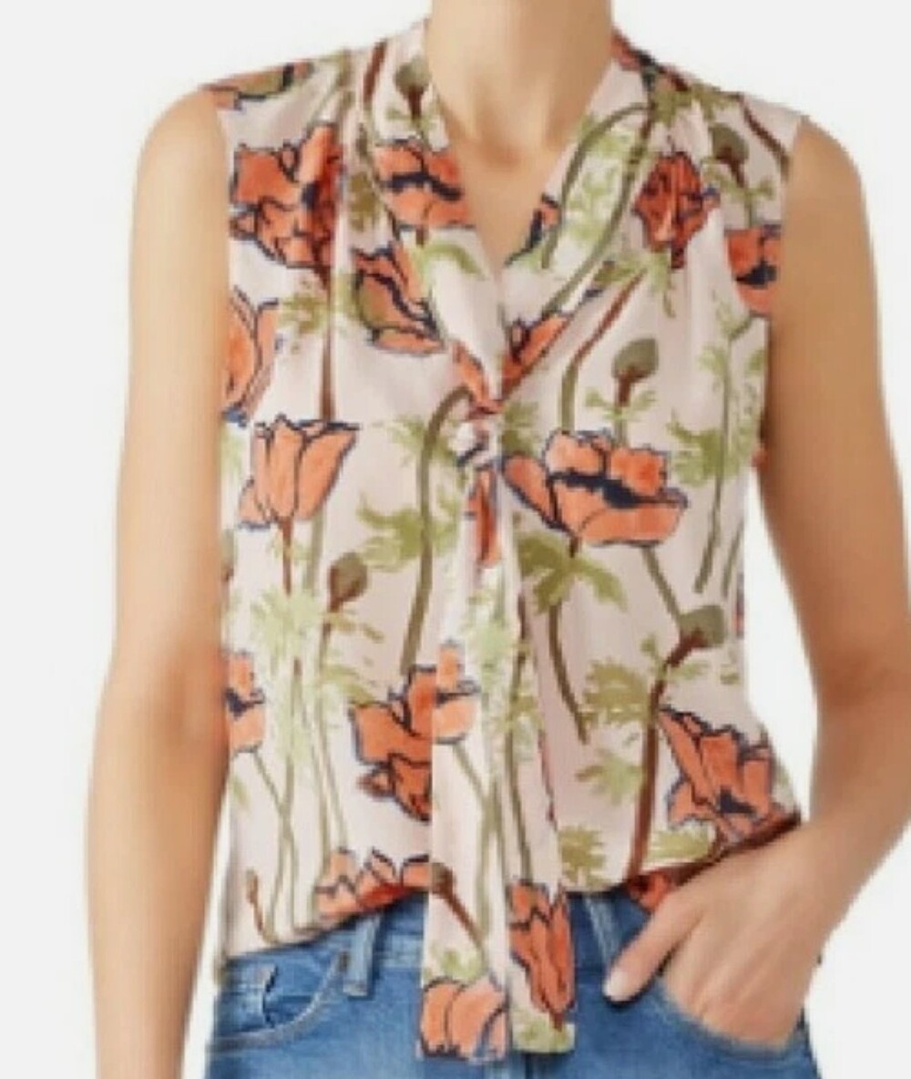 Tory Burch Pink Poppy Blossom Silk Tie-Neck Sleeveless Blouse Size 10